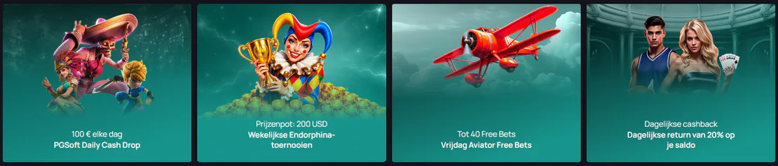 Promoties van Win.Bet Casino met PGSoft Daily Cash Drop van €100 per dag, wekelijkse Endorphina-toernooien met een prijzenpot van $200, tot 40 gratis weddenschappen bij Aviator en dagelijkse cashback van 20%