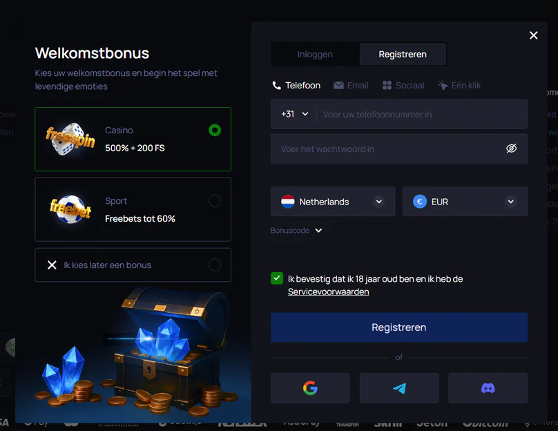 Registratievenster van Win.Bet Casino met een casinowelkomstbonus van 500% en 200 gratis spins, een sportbonus tot 60% en verschillende registratieopties